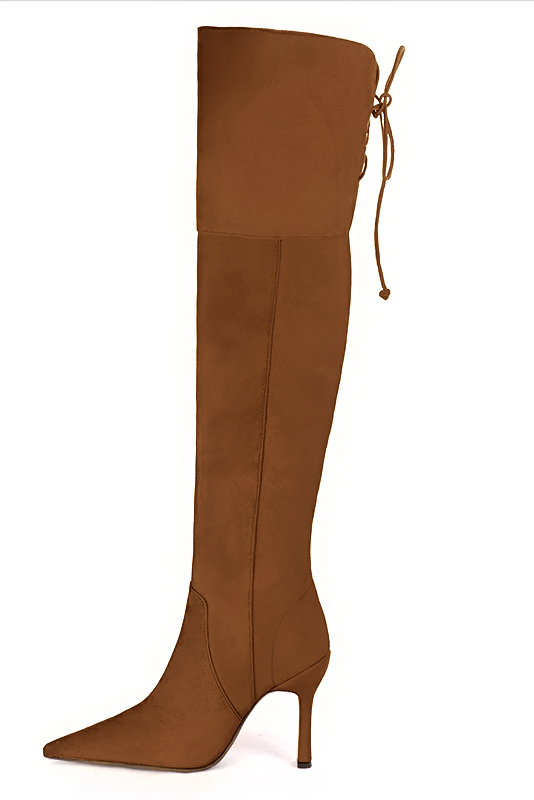 Caramel brown women's leather thigh-high boots. Pointed toe. Very high spool heels. Made to measure. Profile view - Florence KOOIJMAN
